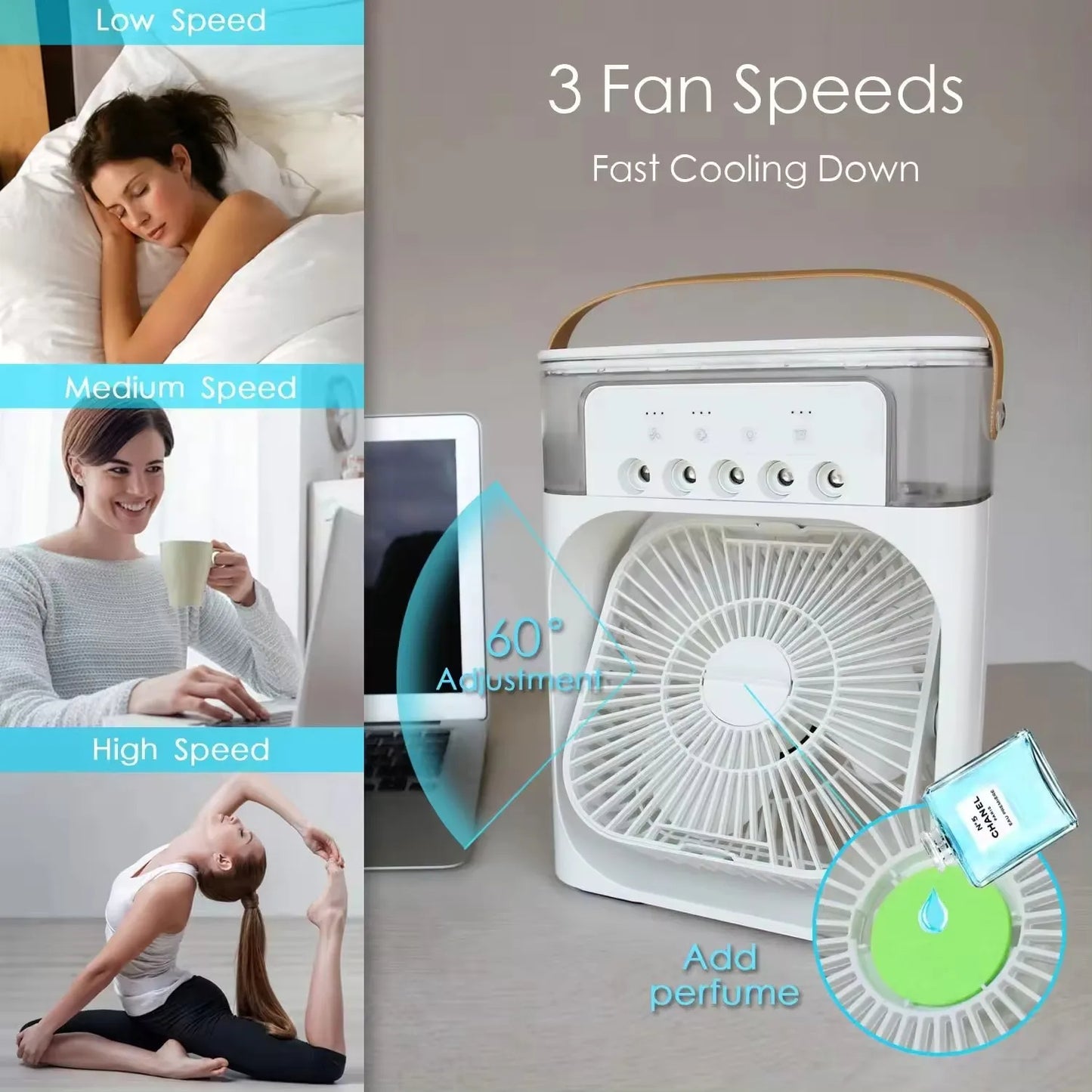 Portable 3-in-1 Fan Air Conditioner with LED Lights & Humidifier